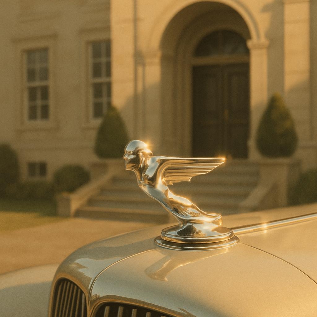 Vintage roll-top hood ornament, depicting an angel with its wings spread, sitting atop roll-top bonnet of a 1930's vehicle...